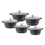 Durane Die-Cast Stockpot with Lid 5pc Set of Pots for Cooking Non-Stick Cooking Pot Casserole Set with Vented Glass Lid Induction Cooking Set Soup Pot (Black)