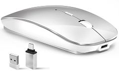 Wireless Mouse for Laptop, Bluetooth Mouse for MacBook Pro/Air/Mac/iPad/Chromebook/Computer -Rechargeale Dual Mode(USB 2.4Ghz + Bluetooth 5.2) Silent Cordless Mouse with USB C Adapter,Silver