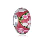 Murano Glass .925 Sterling Silver Core Floral Pink Hibiscus Flower Spacer Charm Bead Fits European Bracelet For Women Teen