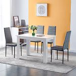 Modern Black Dining Room Table Wooden and Pu Leather Chairs Set of 4 for Small Space, 5pcs Kitchen Rectangular Table with 4 Chairs Set Space-saving (white table and 4 grey velvet chairs)