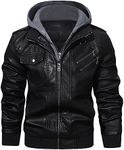 HOOD CREW Men’s Casual Stand Collar PU Faux Leather Zip-Up Motorcycle Bomber Jacket With a Removable Hood, Black, X-Large