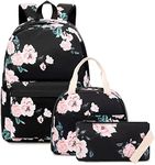 Floral Girls School Backpacks for Kids Teens, 3-in-1 School Bag Bookbags Set with Lunch Bag Pencil Case