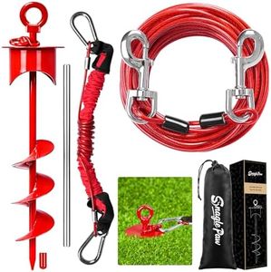 Snagle Paw Dog Tie Out Cable and Stake with Lock-Cap,Heavy Duty 30FT Dog Yard Leash & Stake with Shock Absorbing Bungee Tether,Rust Proof Ground Anchor for Yard, Beach, Camping & Outdoor,up to 360 Lbs