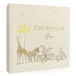 Eviepops Prints Baby Memory Book, Luxury Keepsake Gift for Mum to be, Milestone Record & Photo Album Birth to Age 5, Gender Neutral for Boy or Girl, Linen Fabric Safari Journal Scrapbook, Baby Shower