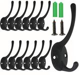 12 Pack Dual Coat Hooks Wall Mounted, Dual Prong Retro Double Utility Rustic Hooks with 24 Screws for Coat, Scarf, Bag, Towel, Key, Cap, Cup, Hat (Black)