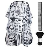 JANYUN Professional Barber Cape, Salon Cape with Neck Duster Brush and Hairdressing Comb for Hair Cutting, Waterproof Hair Cutting Cape（White Print)