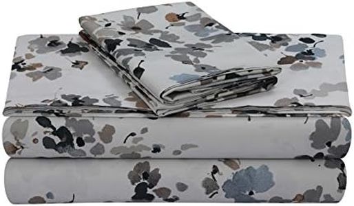 Tribeca Living Queen Bed Sheet Set, Soft Cotton Sateen Printed Sheets Floral Print, Extra Deep Pocket, 300 Thread Count, 4-Piece Bedding Sets, Lisbon Grey/Multi, (LISB4PSSQUGR)