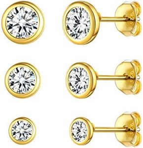 ChicSilver Set Pendientes Oro 18K Circonitas Brillantes Pendientes Simples Básicos Mujeres Plata de Ley 925 Aretes Redondos Pequeños Regalo Madre Hija Amiga