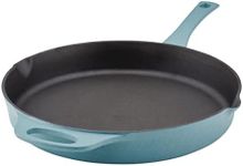 Rachael Ray Premium Rust-Resistant Cast Iron Frying Pan/Skillet with Helper Handle and Pour Spouts, 12 Inch, Agave Blue