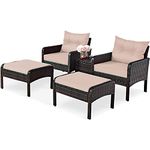 CASART 5PCS Rattan Sofa Chair Set, Outdoor Garden Patio Balcony Wicker Weave Furniture Table Chairs Ottomans Set (Khaki)