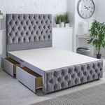 ComfoRest - Sleek 5FT King Size Divan Bed Base with Headboard and 2 Drawers – Sturdy King Divan Bed Base with Storage – Practical Bed Base King Size for a Stylish and Organised Bedroom (Grey Plush)