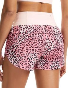 THE GYM PEOPLE Womens High Waisted Running Shorts Quick Dry Athletic Workout Shorts with Mesh Liner Zipper Pockets Pink Leopard