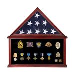 JDECO Large Military Burial Flag Display Case for American Folded Veteran 5'x9.5' Burial Flag and Military Medals - Solid Wood Shadow Box Gift with Real Glass Certificate Holder -Mahogany