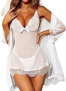 RSLOVE Women Sexy Lingerie Set 3 Piece Babydoll & Lace Kimono Robe Strap Chemise Sleepwear Mesh Nightgown