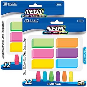 BAZIC Products Erasers + Pencil Top Erasers Set (12/Pack), Block Bevel Erasers Neon Color, Arrowhead Caps Tops, Latex Free, for Art Drawing School, 2-Packs