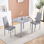 Huisenuk Modern Grey Glass Dining Table and Chairs Set of 2 for Small Kitchen, 3 Piece Grey Glass Tempered Square Table and 2 Grey PU Leather Chairs for Small Dinette Apartment Space Saving