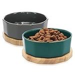 Navaris Ceramic Dog Bowl - Set of 2 800ml Water or Food Bowls for Pet Dogs and Cats with Non Slip Oak Wood Underlay - Ceramic Bowls - Grey, Petrol