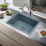 REMANENCE Granite Quartz Single Bowl Ceramic Kitchen Sink With Drain Board, Drain Rack And Pvc Waste Pipe-Flushmount/Undermount/Top Mounted Kitchen Sink (Grey, 24 X 18 X 9 Inch)