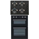 SIA 60cm Built In Double Electric Fan Oven & 4 Burner Black Gas On Glass Hob