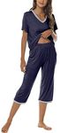 MoFiz Pajamas Women Short Sleeve Capri Pants Sleepwear Pj Shirt Pullover with Elastic Waist Pj Bottoms Navy Large