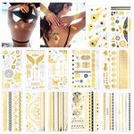 Konsait 12 Sheets Metallic Temporary Tattoos, 150+ Shimmer Designs Black Silver Gold Temporary Tattoo Jewellery Tattoos Flash Fake Waterproof Tattoo Transfer Stickers for Women Girls Body Art