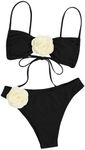 OYOANGLE Women's 2 Piece 3D Rose Bikini Swimsuit Spaghetti Strap High Waisted Bathing Suit Beachwear Black and Beige Medium