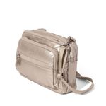 Baggallini Triple Zip Small Crossbody Bag for Women, Platinum Ecopuff, Regular Strap