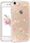 CEOKOK for iPhone 7/8/SE 2020/SE 2022 Case Clear with Real Pressed Flowers Design Glitter Cute Sparkly Floral Pattern Slim Soft TPU Protective Women Girl's Phone Cover (Pink)