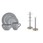 Tower T867002GRY Empire 16 Piece Dinnerware Set, Stoneware, Grey and Brass & T826092GRY Empire Mug Tree and Towel Pole Set, Stainless Steel, Anti-Slip, Grey and Brass