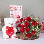 FlowerAura Decorative Bunch Of Fresh Live 10 Red Roses Flowers Bouquet In With Cute Teddy Bear & Love Greeting Card Valentine's Day Gifts For Girlfriend, Boyfriend, Husband & Wife (Same Day Delivery)