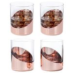 MyGift 12 oz Modern Cocktail Glasses with Slanted Metallic Copper Tone Plated Bottom, Angled Dipped Design Double Old Fashioned Lowball Whiskey Rocks Drinking Glass, Set of 4