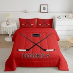 Ice Hockey Twin Comforter Set, Sports Games Bedding Set For Kids Boys Teens Bedroom, Winter Puck Event Bedding Comforter Sets Red Soft Luxury Microfiber Duvet Insert 2 Pcs With 1 Pillow Case