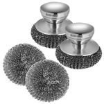 2Pcs Steel Wool Scrubber with 2 Replacement Wool Pads, Metal Dish Scrubber with Handle Steel Wool Pads for Cleaning Iron Pots, Stoves, Frying Pans, Barbecue Grills, Wash Sink.