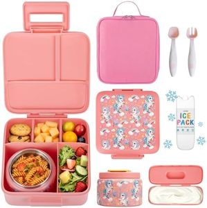 JXXM Bento Lunch Box for Kids With 8oz Soup Thermo,Leak-proof Lunch Containers with 5 Compartment,Thermos Food Jar and Lunch Bag, Food Containers for School (A-Pink(Fantasy Unicorn))
