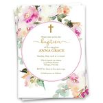 The Invite Lady Baptism Invitations Baptism First Holy Communion Confirmation Christening Religious Invites Watercolor Hand Painted Floral Wreath Personalized Customized Printed (12 Count)