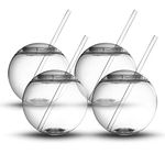 Fish Bowl for Drinks - Sphere Shaped Durable Drinking Party Cups with Cover, 4-Pack (22 oz) - Fun, Unique Design Sits Flat, 4 Straws Included - Great for Dinner and Cocktail Parties and Outdoor Use