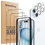 Kiewhay Tempered Glass Compatible with iPhone 15 Plus Screen Protector 6.7'', 3 Pcs Screen Protector + 2 Pcs Camera Lens Protector, [Not for iPhone 15 Pro Max] 99.99% HD Glass Film - 5 Pcs