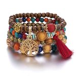 GAUEIOUR Boho Beaded Bracelet,Multi-Layer Wooden Beaded Bracelet, Tassel Bracelet Tourism Souvenir Tree of Life Bracelet Lady, Elastic Bracelet Bracelet Set(Red Four-Piece Set)