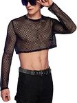 WDIRARA Men's See Through Fishnet Mesh Long Sleeve Sheer Crop Tops Party Club Top Black XS