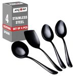 Axiom Stainless Steel Serving Tools Set Black. 4 Piece Heavy Gauge Non-Stick Set Of 1 Soup Ladle (Karchi), 2 Solid Spoon (Chamcha) And 1 Rice Spoon For Serving Soup/Curry/Dal/Rice/Pasta - 23 Cm