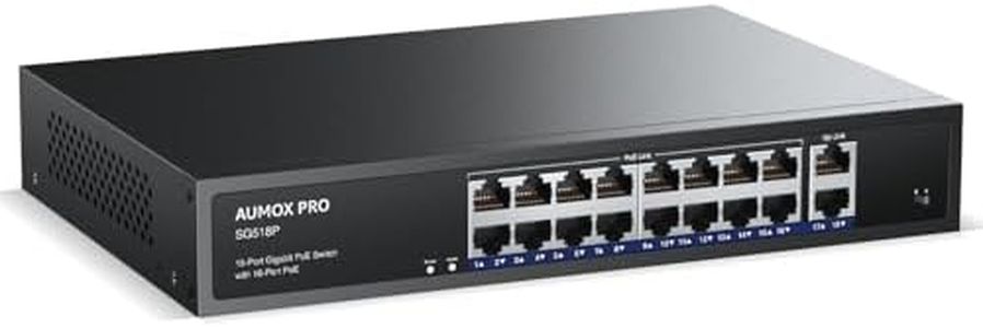 16 Port Gigabit PoE Switch,AUMOX PRO SG518P 18 Ethernet Unmanaged PoE with 2 Gigabit Uplink 250W,Plug and Play,Sturdy Metal Desktop, Wall Mount or Rackmount Network Switch, 802.3af/at Compliant