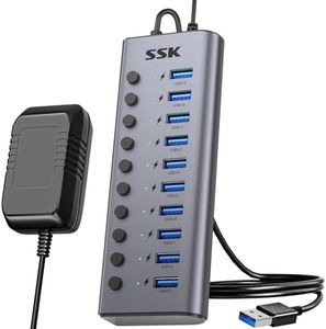 SSK 10 Port 60 W USB Hub Active 3.0 with Power Supply, Aluminium 5 Gbps USB 3.0 Hub, Supports Simultaneous Charging and Data Transfer, Powered USB 3.0 Hub with DC12V5A Adapter 3.93 ft Cable