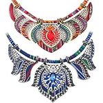 Junkin 2 Pieces African Jewelry for Women Costume Necklace Boho Vintage Statement Choker Chunky Big Beads Necklaces Bohemian Colorful Ethnic Collar Handmade Women's Jewelry, alloy and small rice