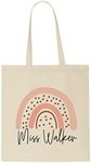 Personalised Teacher Gift with Customisable Name (Rainbow Style 2 - Boho with dots) End of Year tote style shopping bag - natural
