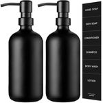 GMISUN Black Soap Dispenser, 2 Pack Hand Soap Dispenser for Bathroom with Stainless Steel Pump, 16 Oz Glass Dish Soap Dispenser for Kitchen, Modern Liquid Soap Bottle Dispenser Set with Labels