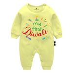 The Peppy Tend "My First Diwali Baby Unisex Printed 100% Cotton Full Rompers Full Sleeves Regular Fit (0-3Months, Yellow)