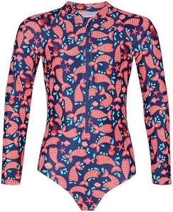 Tame the Sun Long Sleeve Girls Swimsuit - Rash Guard with Frills, UPF 50+ Zipper Salmon Swimwear - Bathing Suit for Ages 3-12