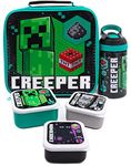 Minecraft Lunch Bag | Kids Creeper Skeleton Enderman 5 Piece School Dinner Bag, BPA Free Water Bottle & 3 Snack Pots | Green Gamer Drink Food Containers