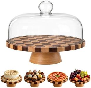 Checkerboard Wood Cake Stand with Glass Dome Lid, 12 Inch Round Rotating