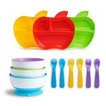Munchkin Stay Put Suction Bowls with Suction Cup, Pack of 3, Blue/Green/Purple + Munchkin Lil' Apple Divided Toddler Plates, Pack of 3 + Munchkin Colour Change Toddler Cutlery, Pack of 6